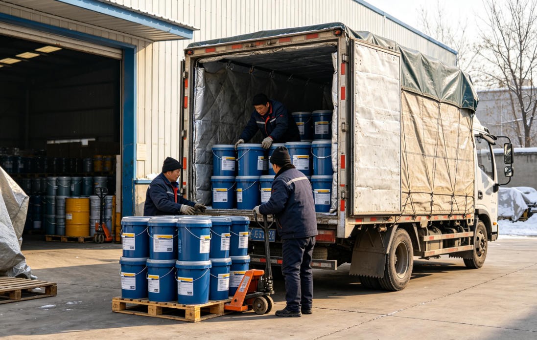 陕西工矿润滑油冬季储存保管,油桶正确堆放实景 陕西工业润滑油仓库冬季油桶规范堆放,防潮防冻仓储管理
